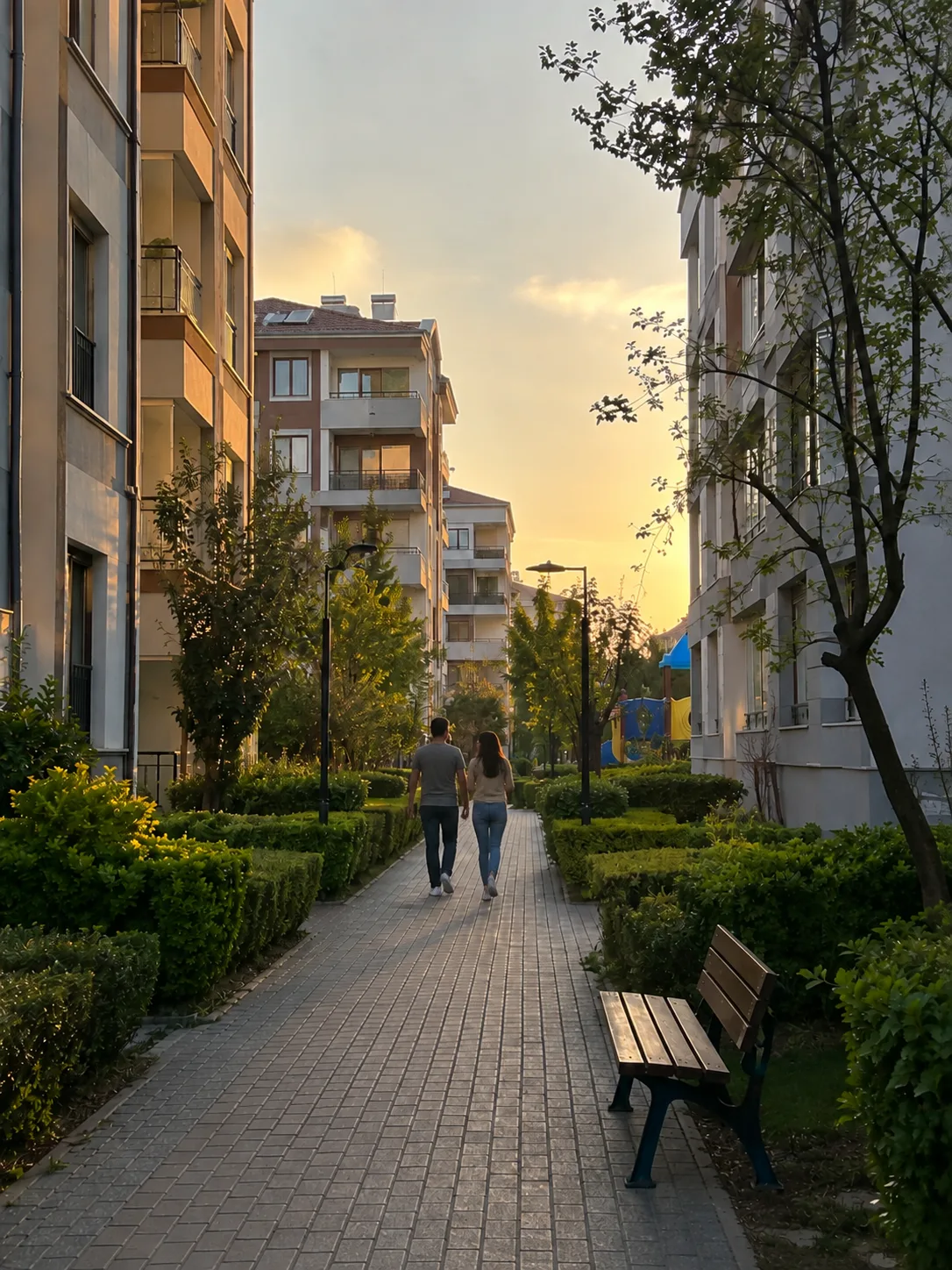Site sakinlerinin kullandığı bakımlı ortak alan ve yürüyüş yolu