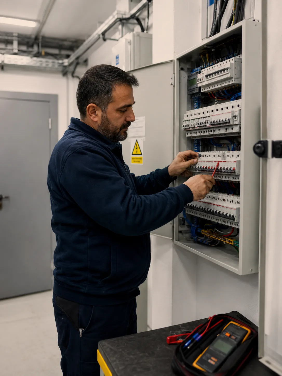 ESTAŞ Yönetim teknik ekibi elektrik panosu kontrolü yapıyor